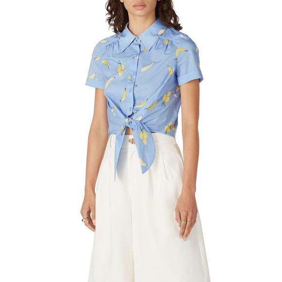 MILLY Blue Yellow Banana Printed Cotton Bonnie Tie Front Crop Top Size Medium - Picture 1 of 11